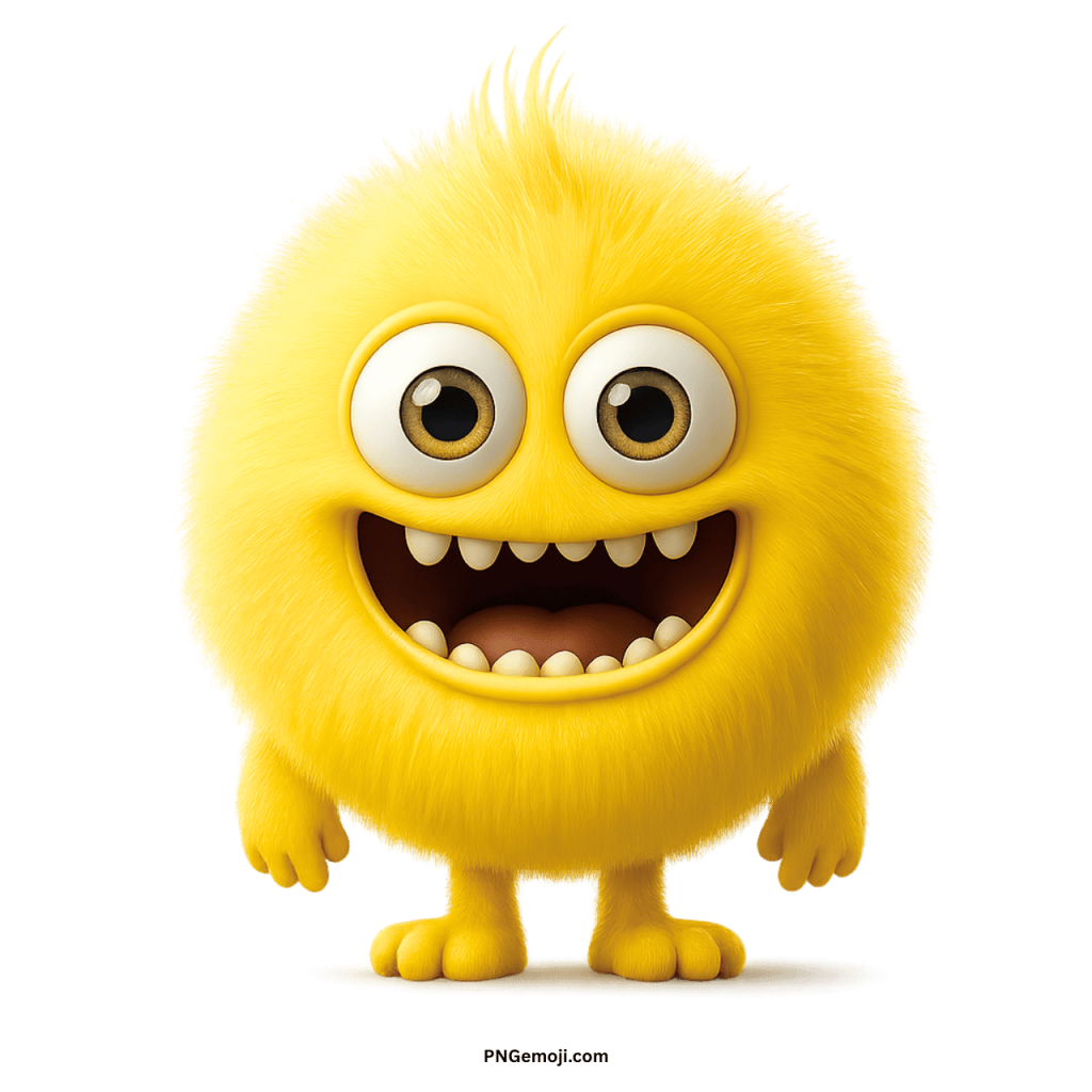 Adorable yellow furry monster emoji with wide happy smile and big round eyes PNG