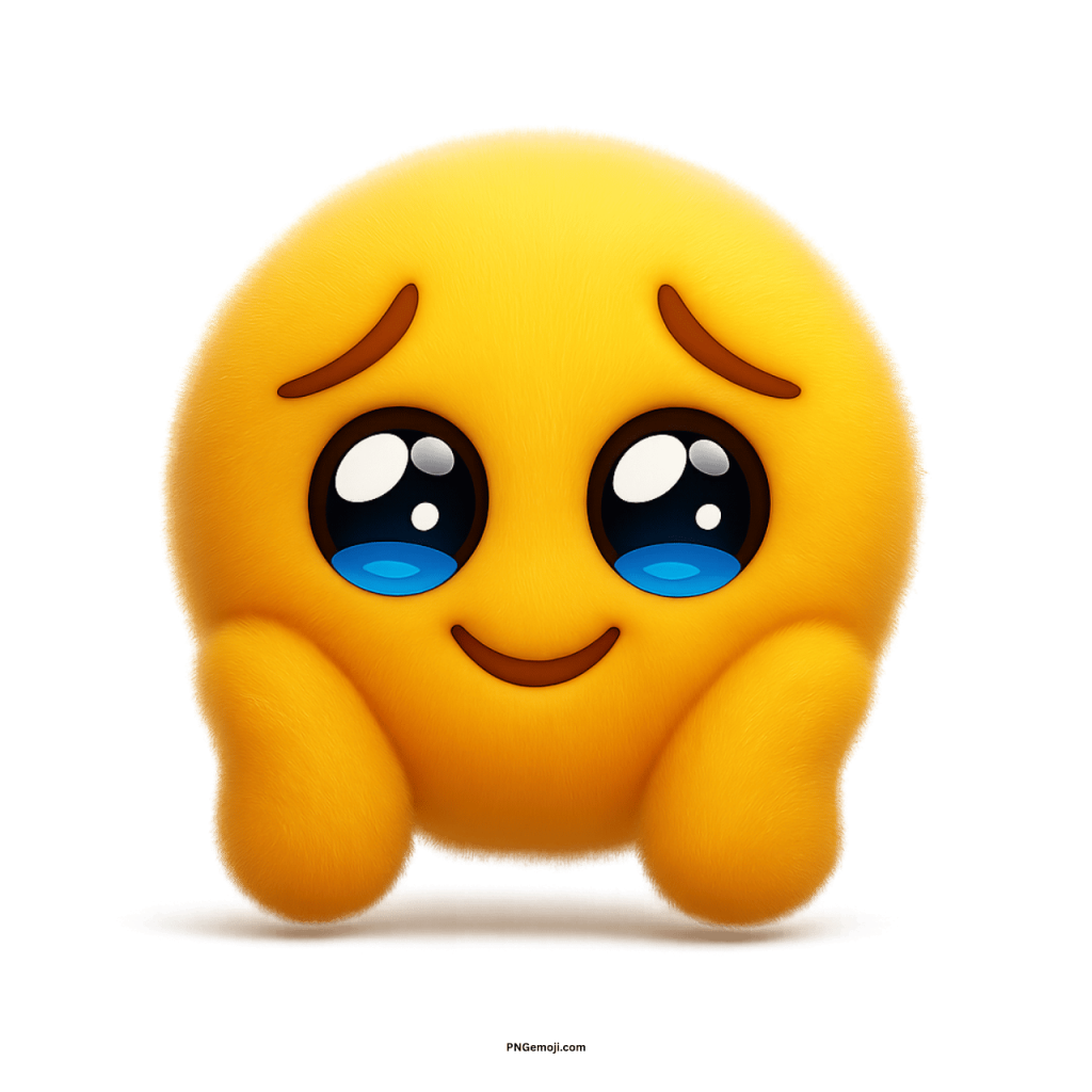 Adorable fluffy yellow emoji with big shiny eyes and shy sweet smiling expression