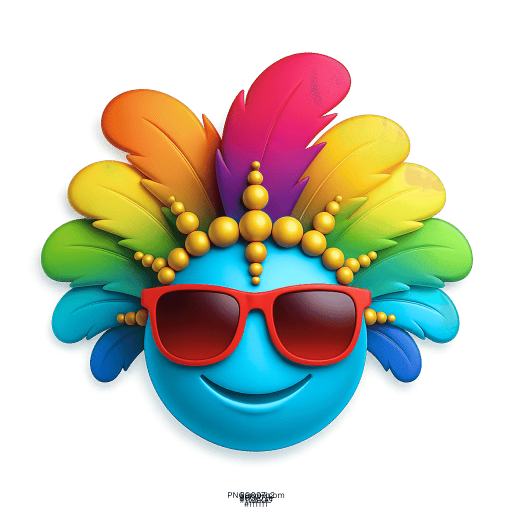 Cyan carnival smiley emoji wearing red sunglasses and rainbow feather headdress