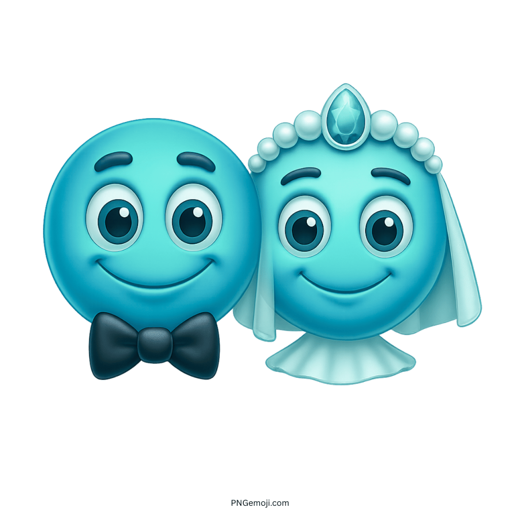 Cyan wedding smiley emoji couple with happy bride in veil and groom in bow tie