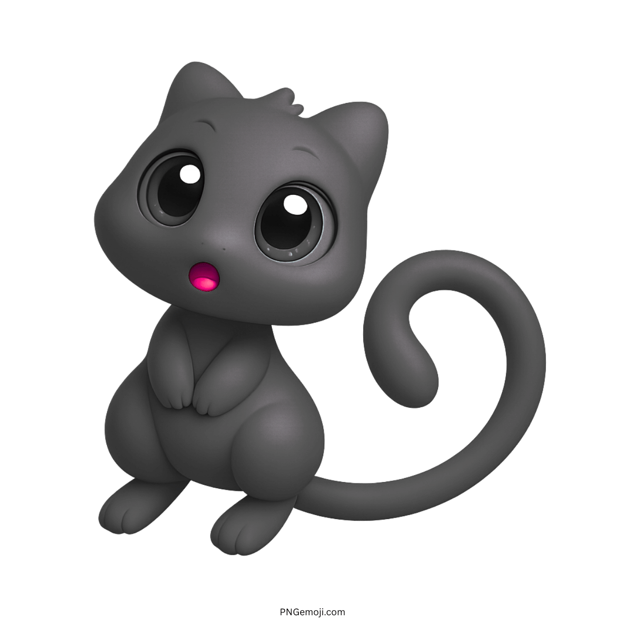 Dark gray 3D Mew emoji with big glossy eyes and transparent background