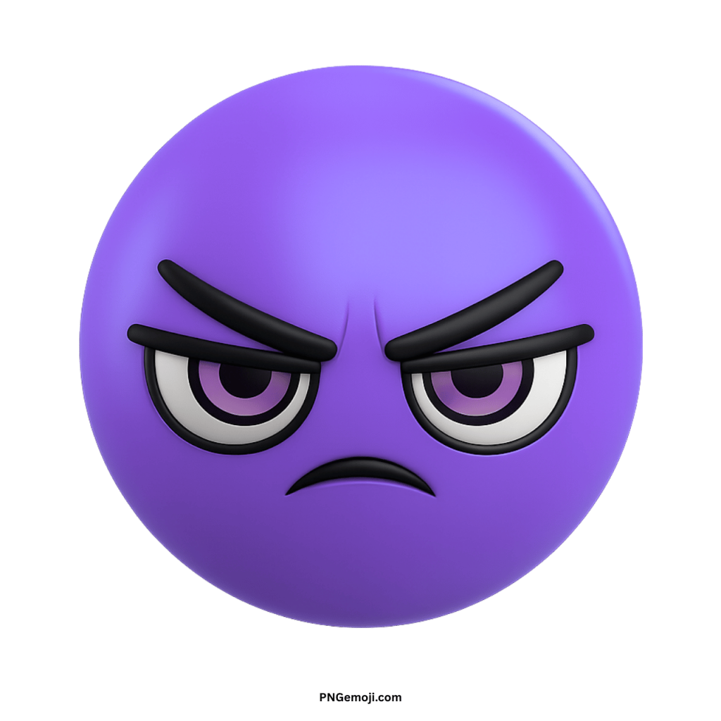 Dark purple angry face emoji with sharp eyebrows and frowning mouth in PNG format