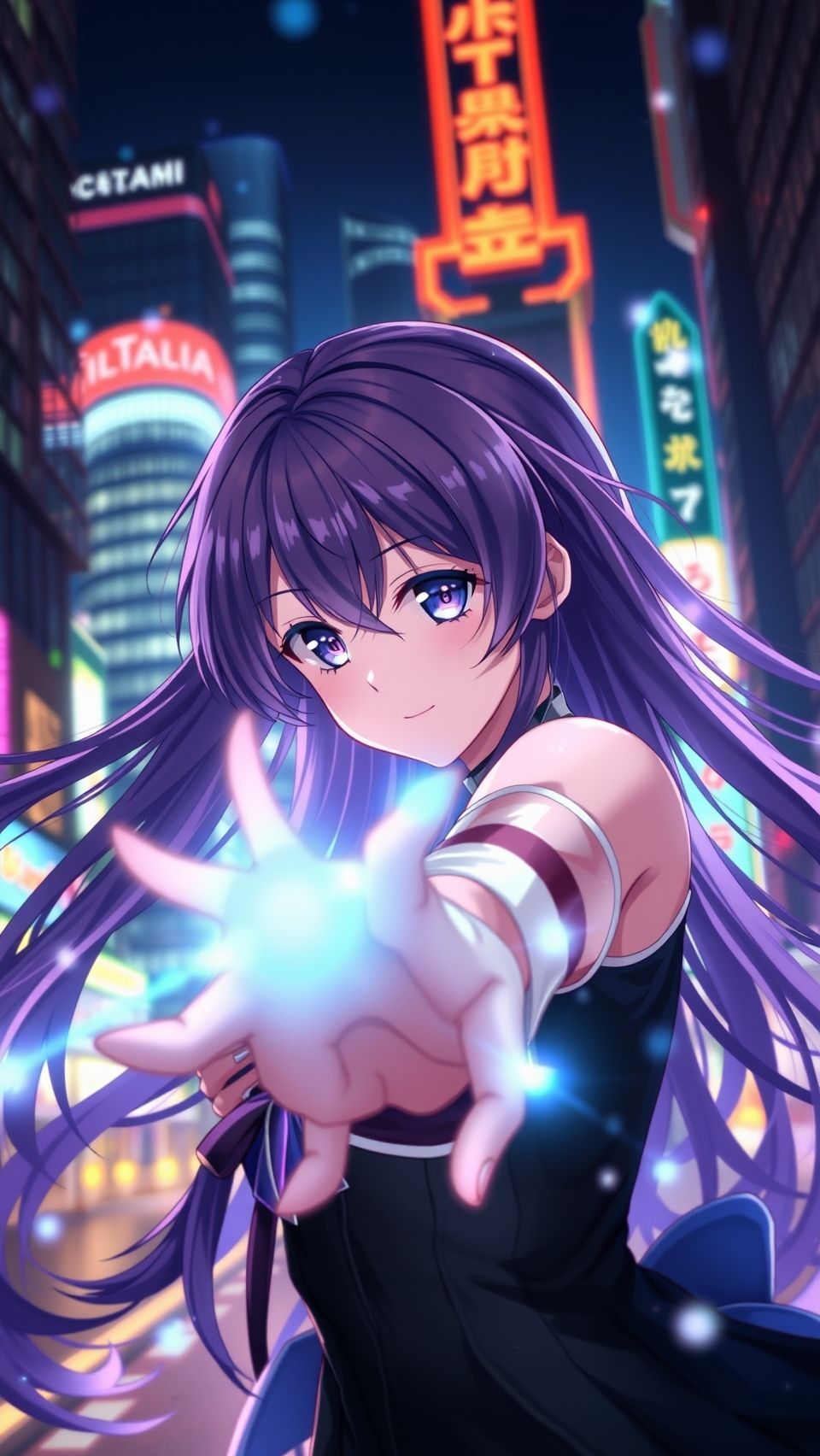 Date A Live anime girl with purple hair using magic in neon city