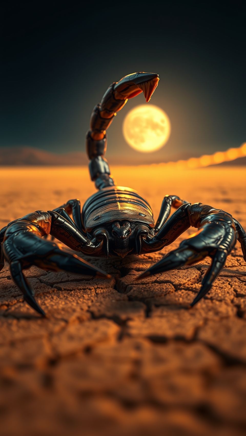 Close-up deadly desert scorpion wallpaper with raised stinger under glowing full moon