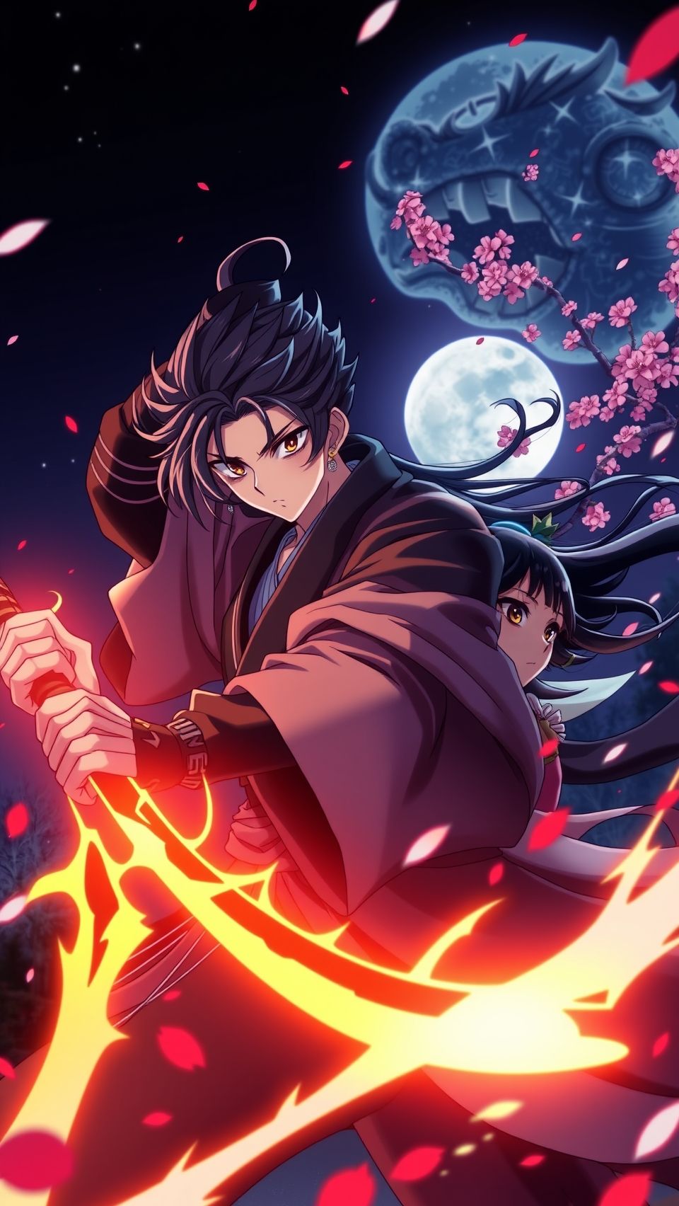 Demon Slayer anime wallpaper featuring warrior with fiery sword under full moon and cherry blossoms