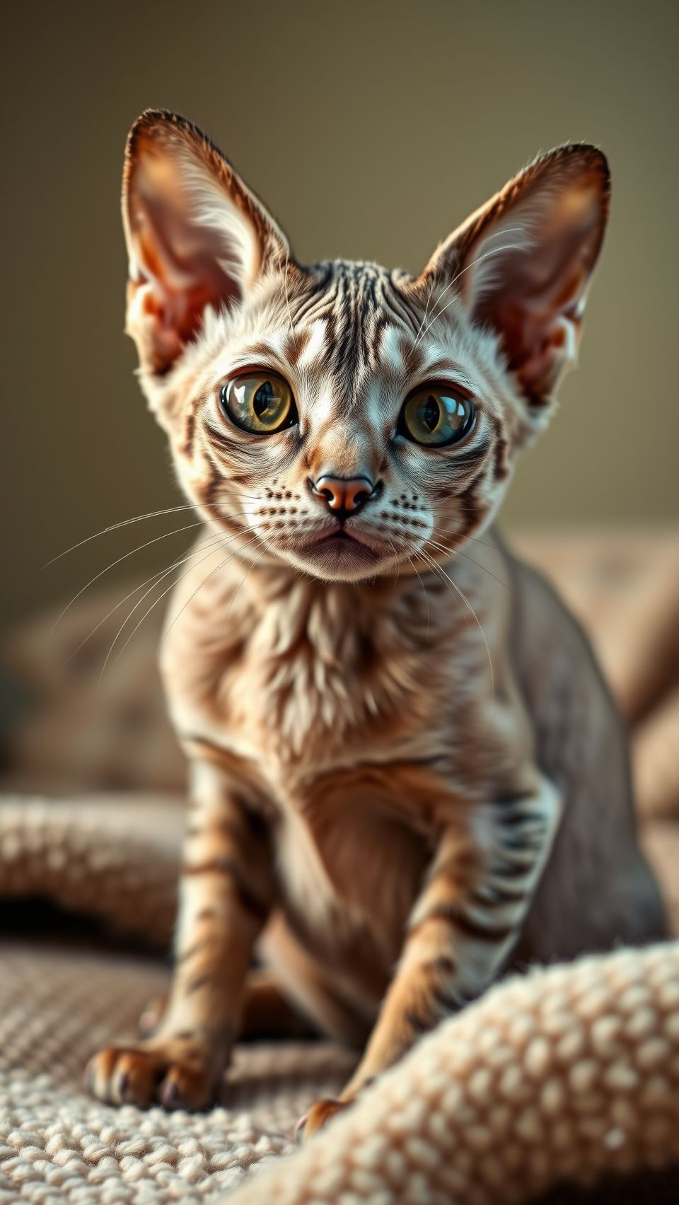 Close-up portrait of a Devon Rex cat with large ears and bright expressive eyes