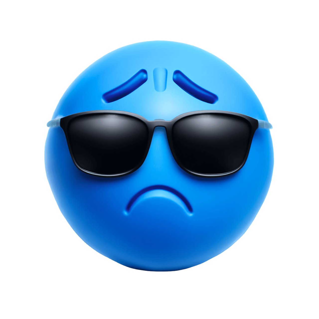 3D blue disdain emoji with sunglasses and a sad expression PNG image.