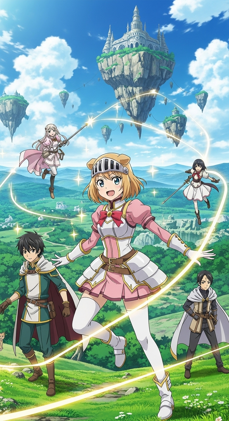 Dog Days anime wallpaper featuring fantasy characters with floating islands and magical adventure background