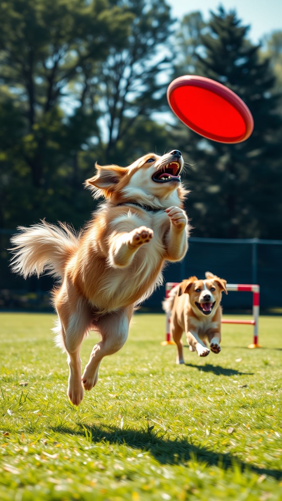 Energetic dogs jumping and chasing red frisbee in outdoor sports field wallpaper