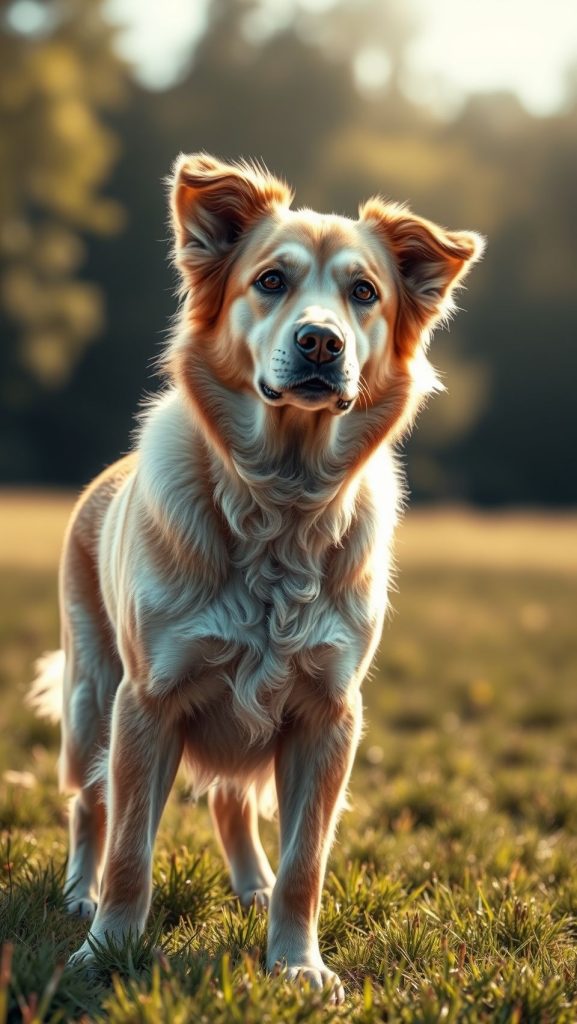 Majestic dog standing in a natural field at sunset with a calm demeanor