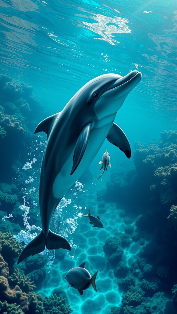 Dolphin swimming gracefully through the clear turquoise ocean, with surrounding fish and coral.