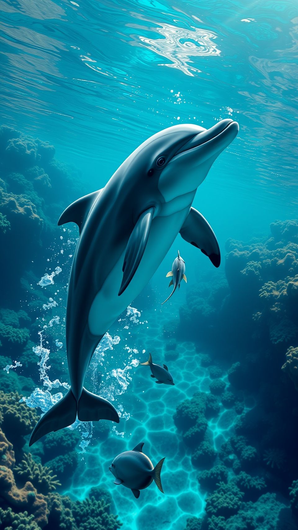 Dolphin swimming gracefully through the clear turquoise ocean, with surrounding fish and coral.