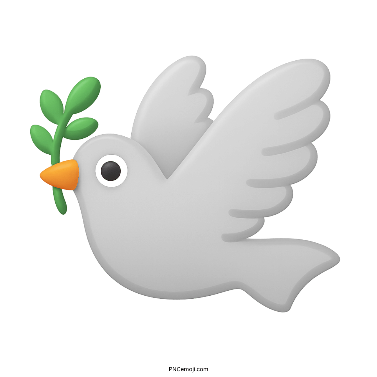 Dove emoji symbolizing peace with an olive branch in its beak on transparent background.