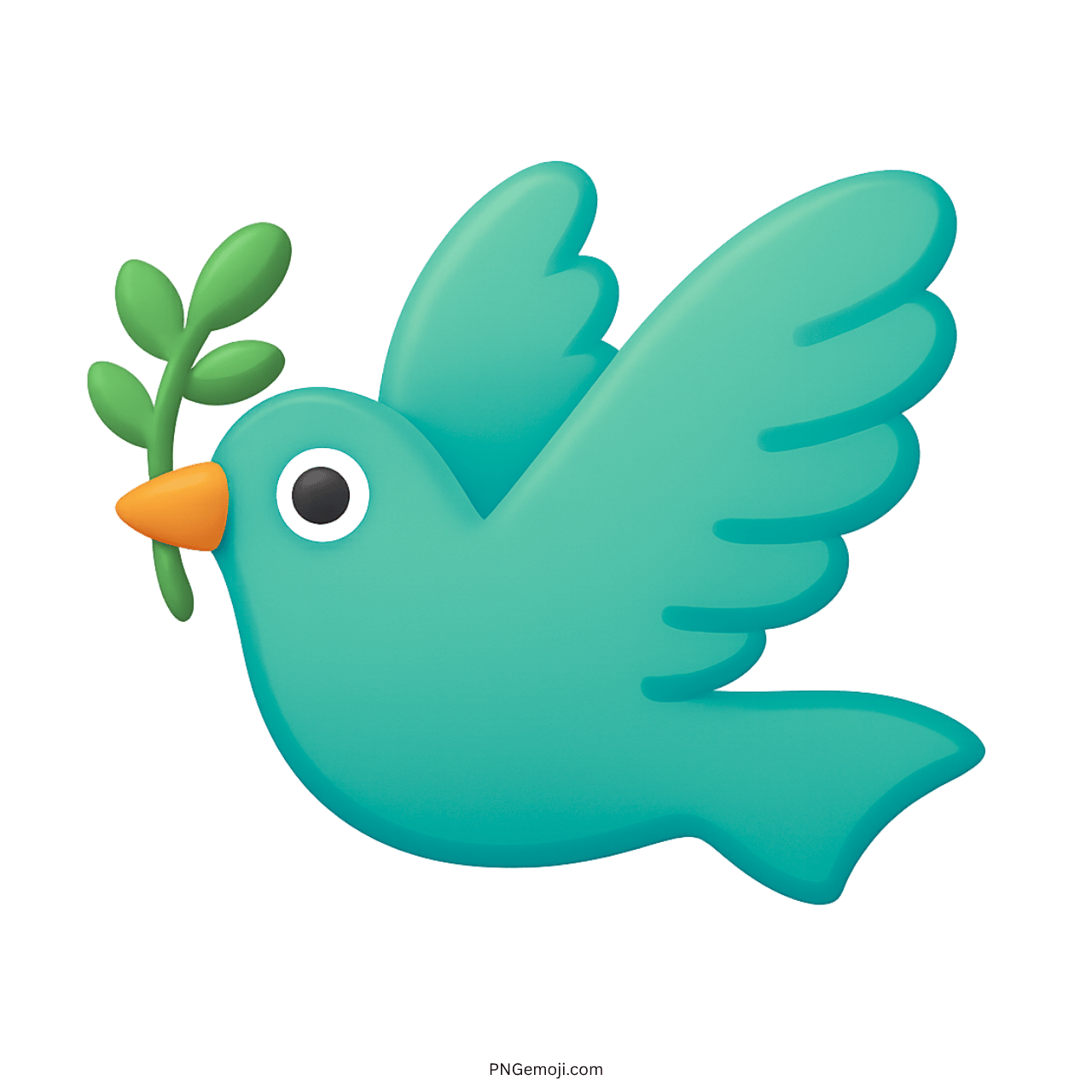 Turquoise dove emoji holding an olive branch, symbolizing peace, on a transparent background.