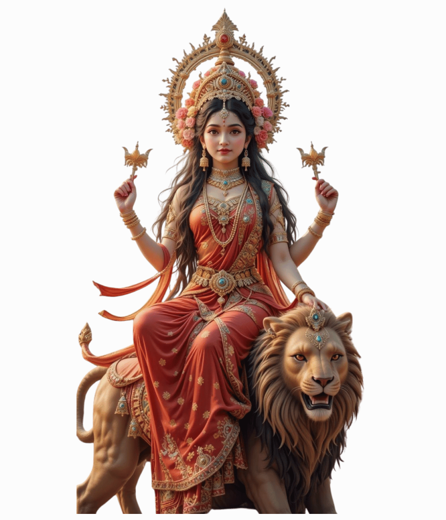 Durga Puja Navratri Ashtami PNG of Goddess Durga seated on lion in red attire