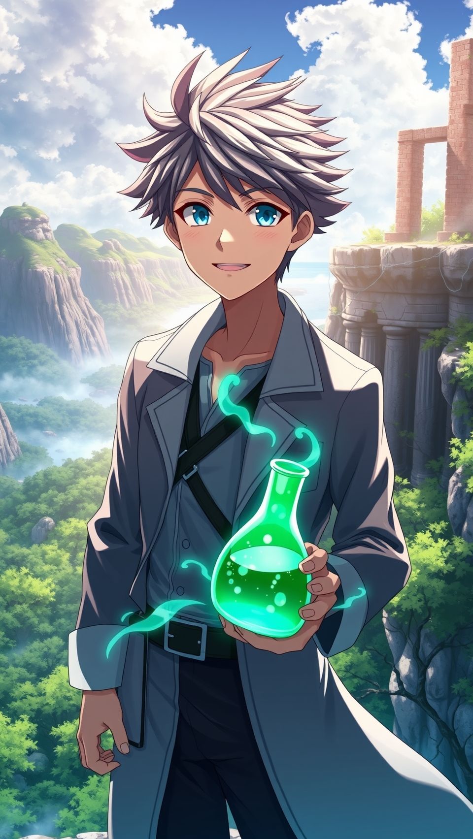Dr. STONE anime wallpaper featuring young scientist holding glowing green potion in fantasy landscape