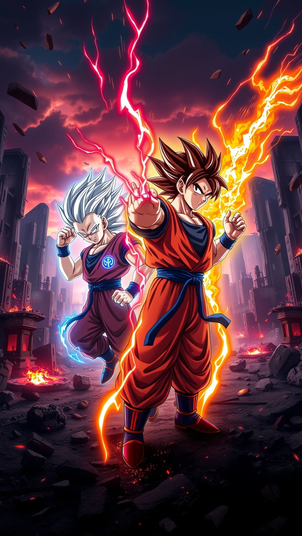 Dragon Ball Super Super Hero wallpaper featuring Goku and Gohan in epic power battle