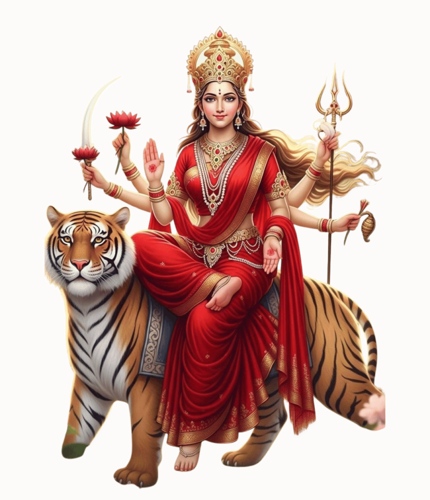Durga Maa PNG transparent image with tiger in red saree holding trishul and lotus HD