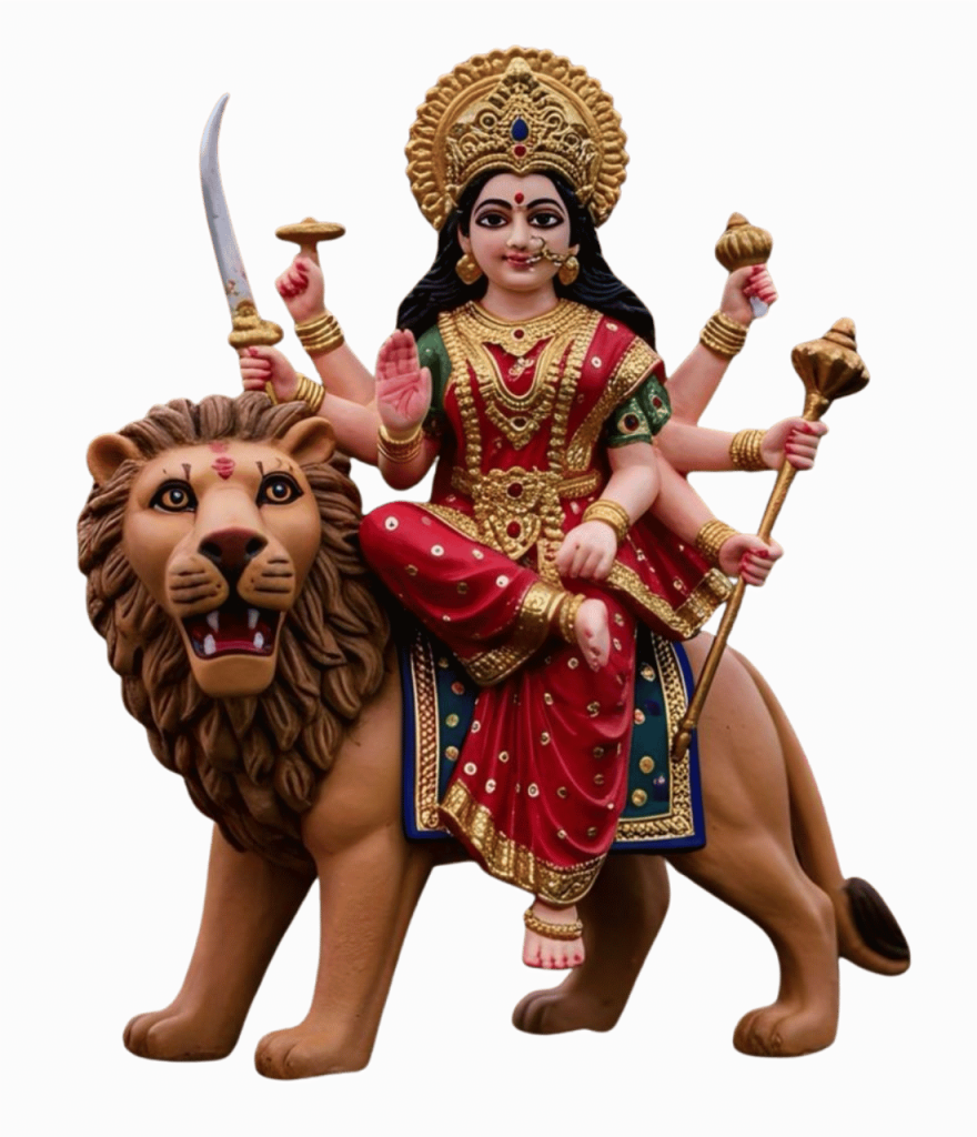 Beautiful Durga Mata idol riding lion with weapons, red attire, and divine blessings for Navratri celebrations.