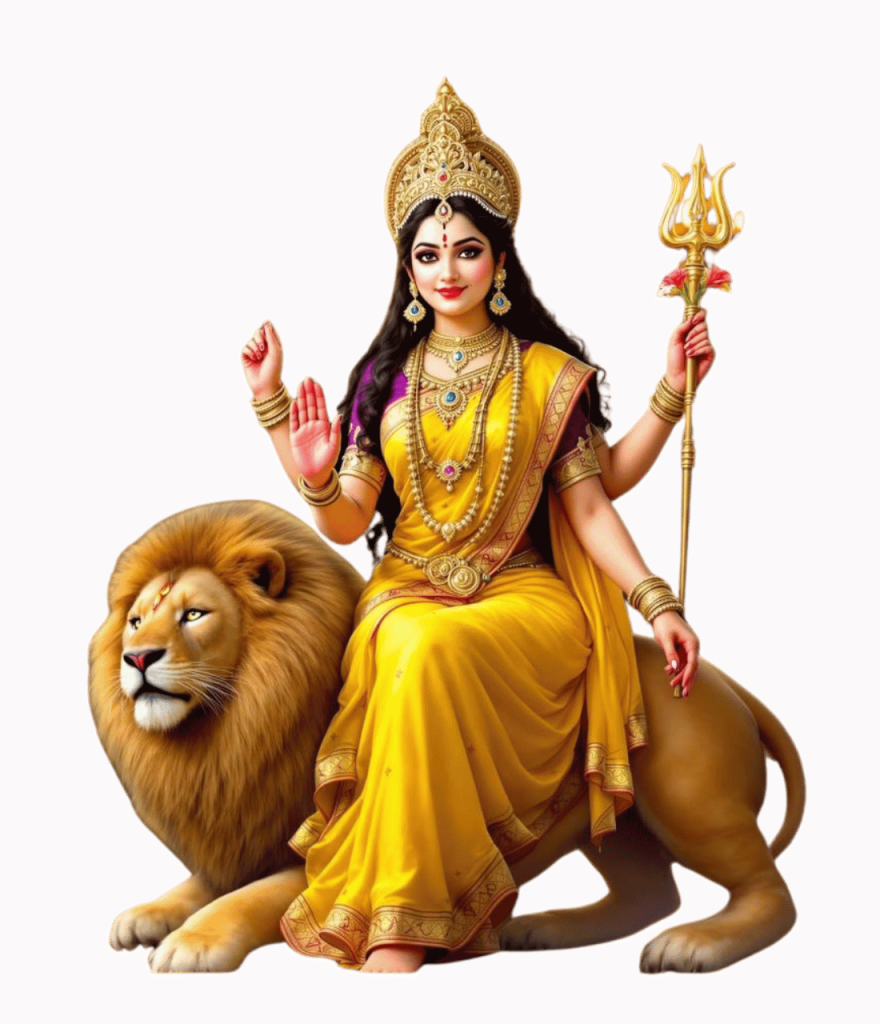 Durga Mata PNG image in yellow attire with lion, holding trishul, radiating divine power and blessings.