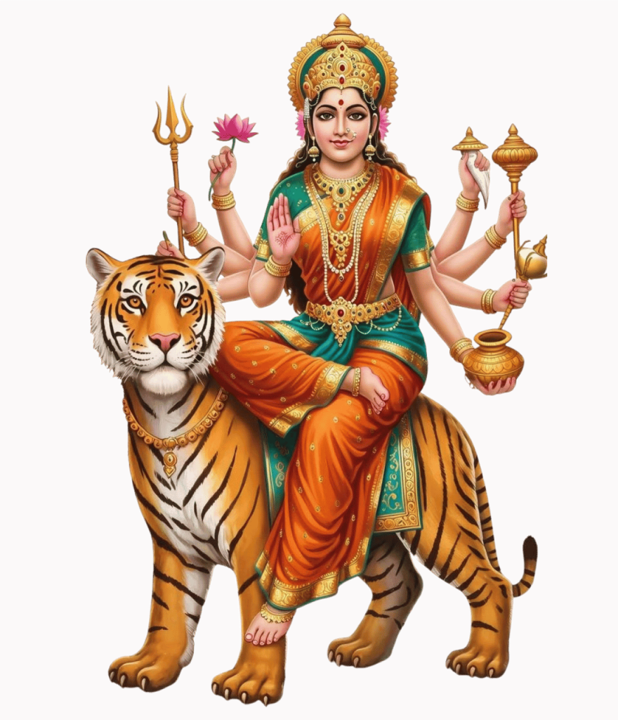 Durga Mata PNG image seated on tiger, holding divine weapons, wearing orange attire with blessings.