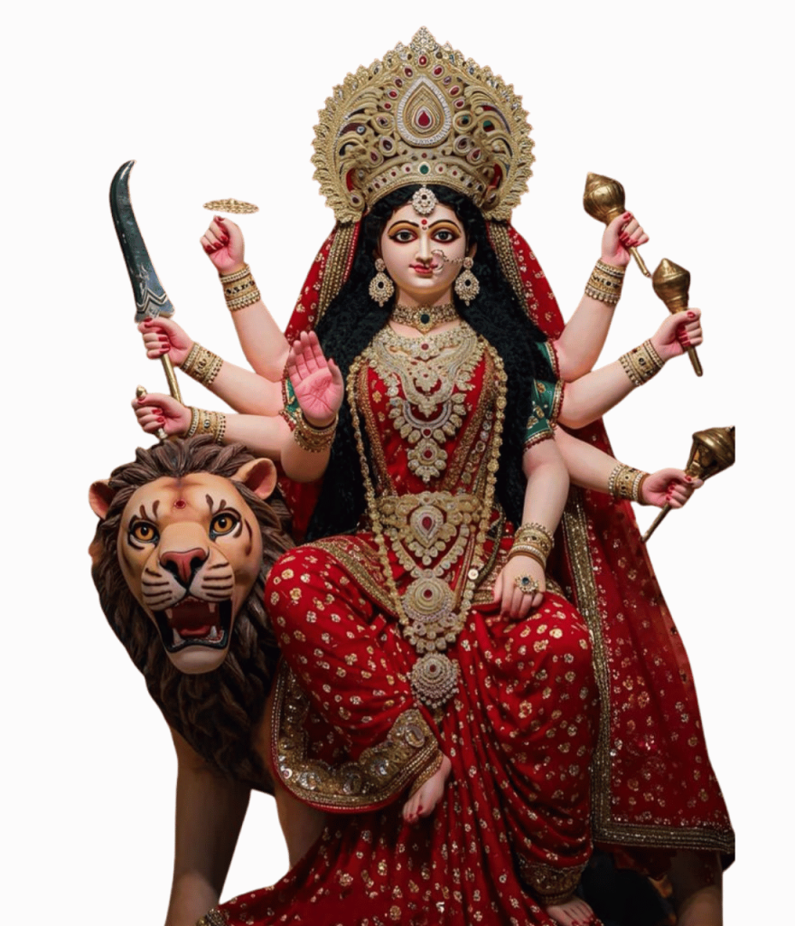 Durga Mata idol in red attire with lion, divine weapons, and traditional Navratri festive decoration.