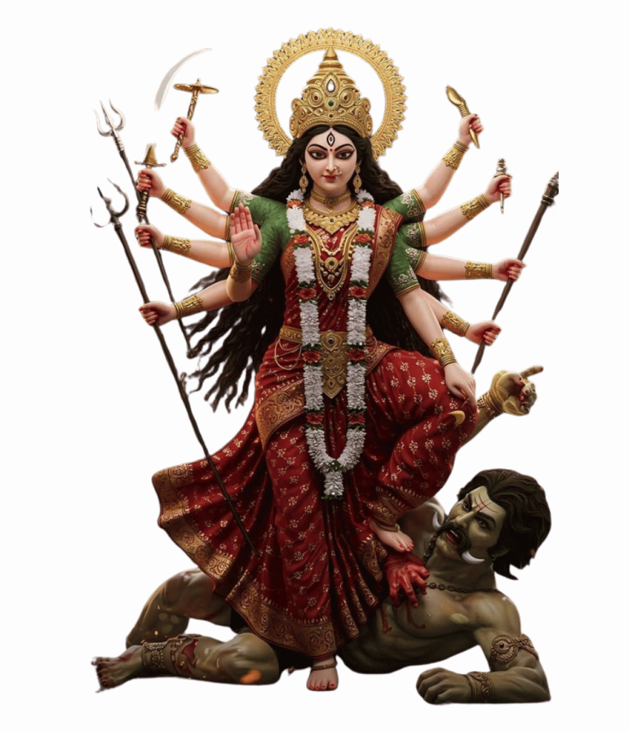 Durga Mata PNG image with ten arms, trishul, weapons, and Mahishasura underfoot