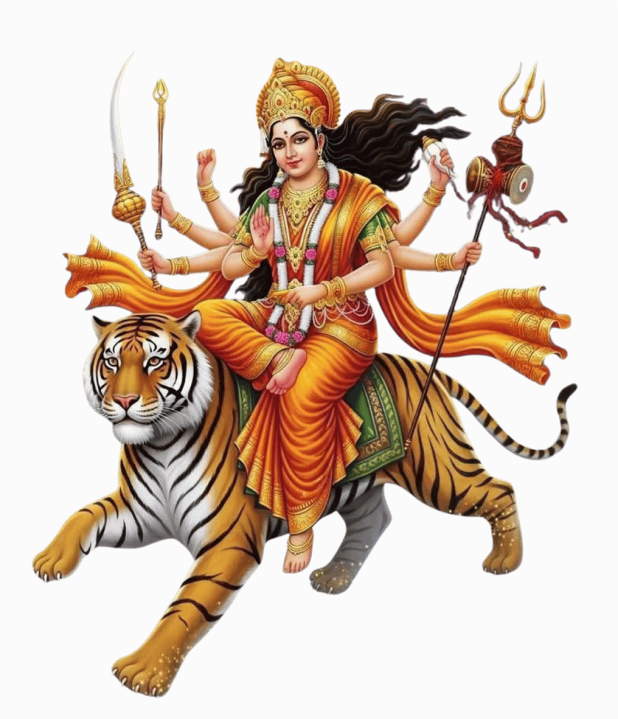 Durga PNG free download showing Goddess Durga riding tiger with weapons in hands