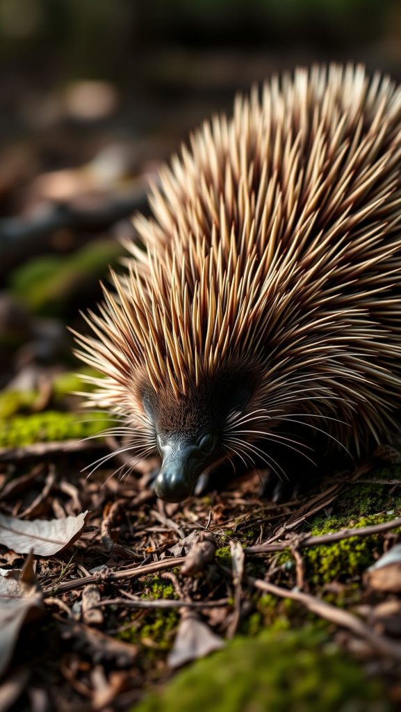 Close-up echidna wallpaper in natural forest habitat with sharp spines and earthy details