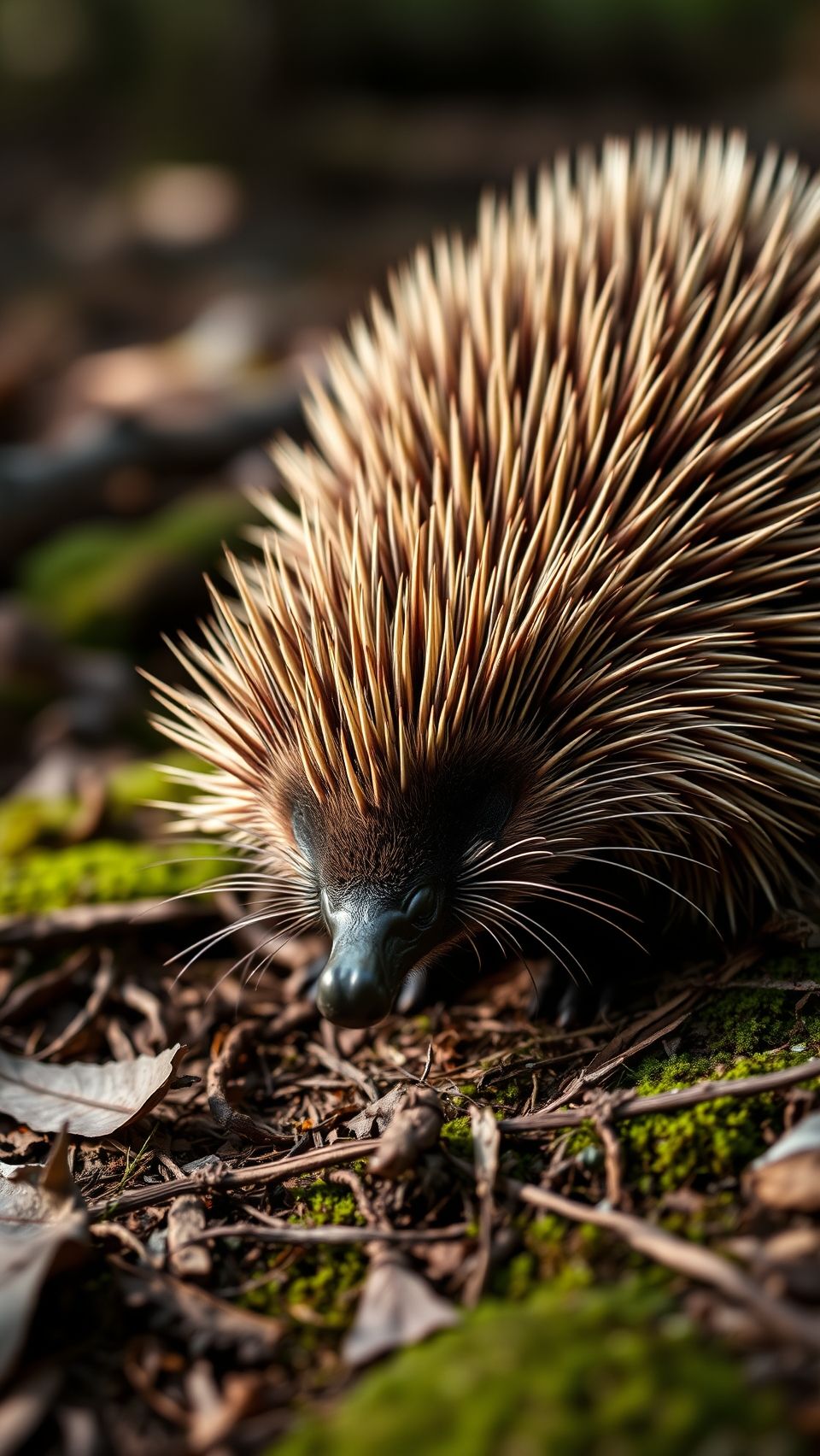 Close-up echidna wallpaper in natural forest habitat with sharp spines and earthy details