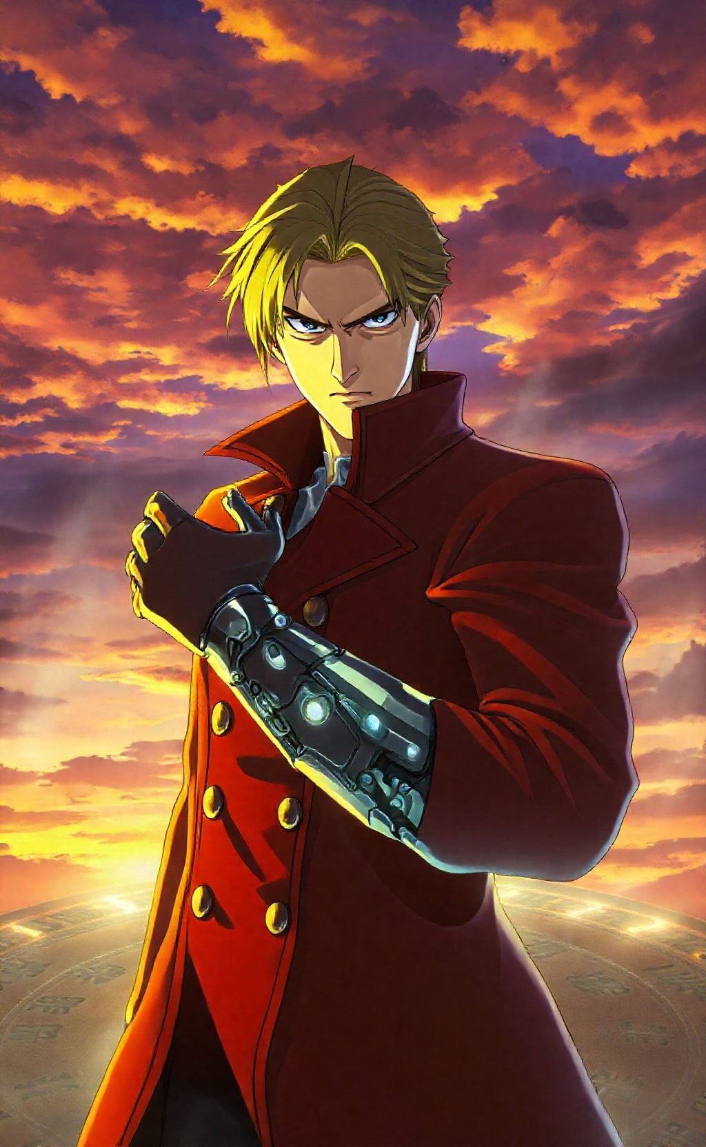 Edward Elric from Fullmetal Alchemist in a red coat with a mechanical arm in a sunset background