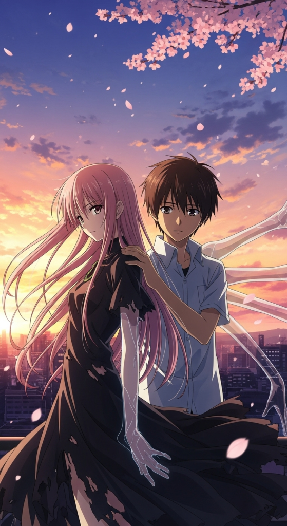 Elfen Lied anime wallpaper featuring Lucy and Kouta with a sunset and sakura petals falling.