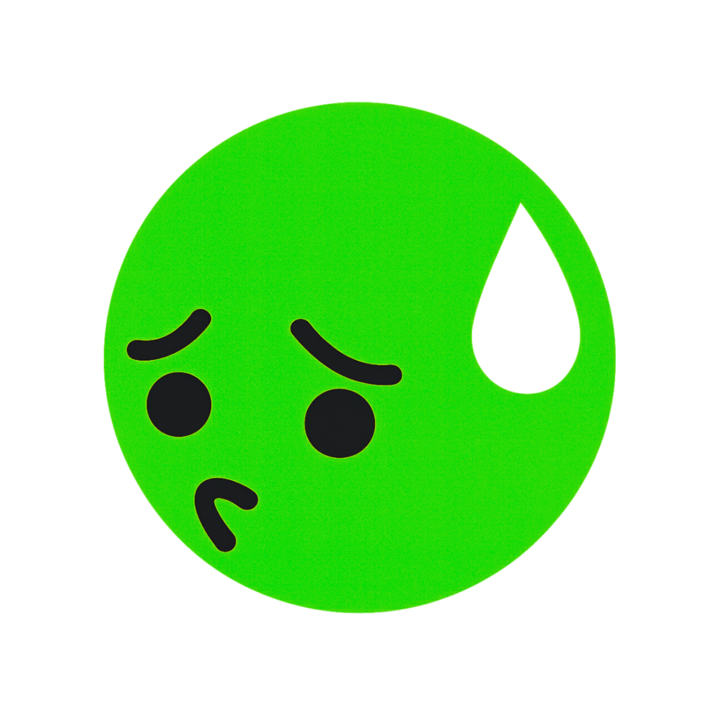 Embarrassed TikTok emoji green face with a sweat drop, showing a shy expression.