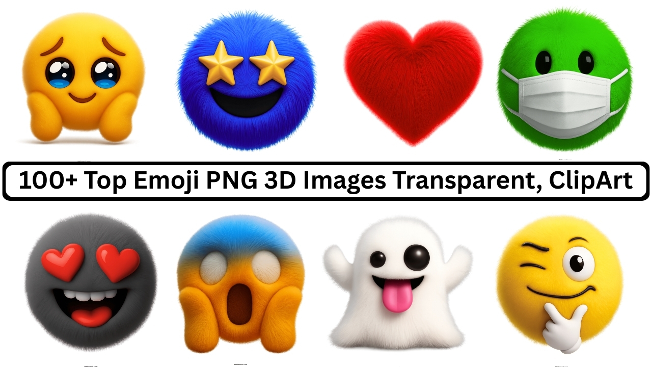 Collection of cute fluffy 3D emoji PNG images with heart, mask, ghost, and expressions.