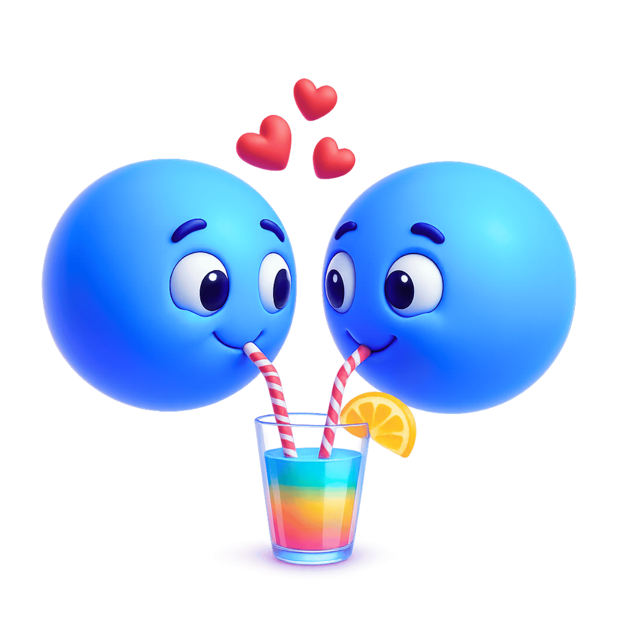 3D blue emoticon faces sharing rainbow drink with hearts and transparent background