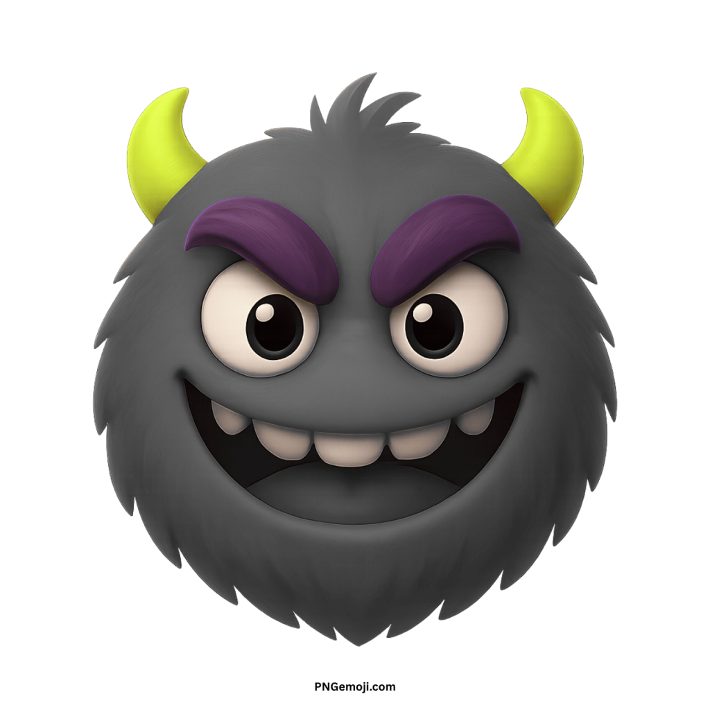 Gray furry enemy monster emoji with yellow horns, purple eyebrows, and mischievous scary smile