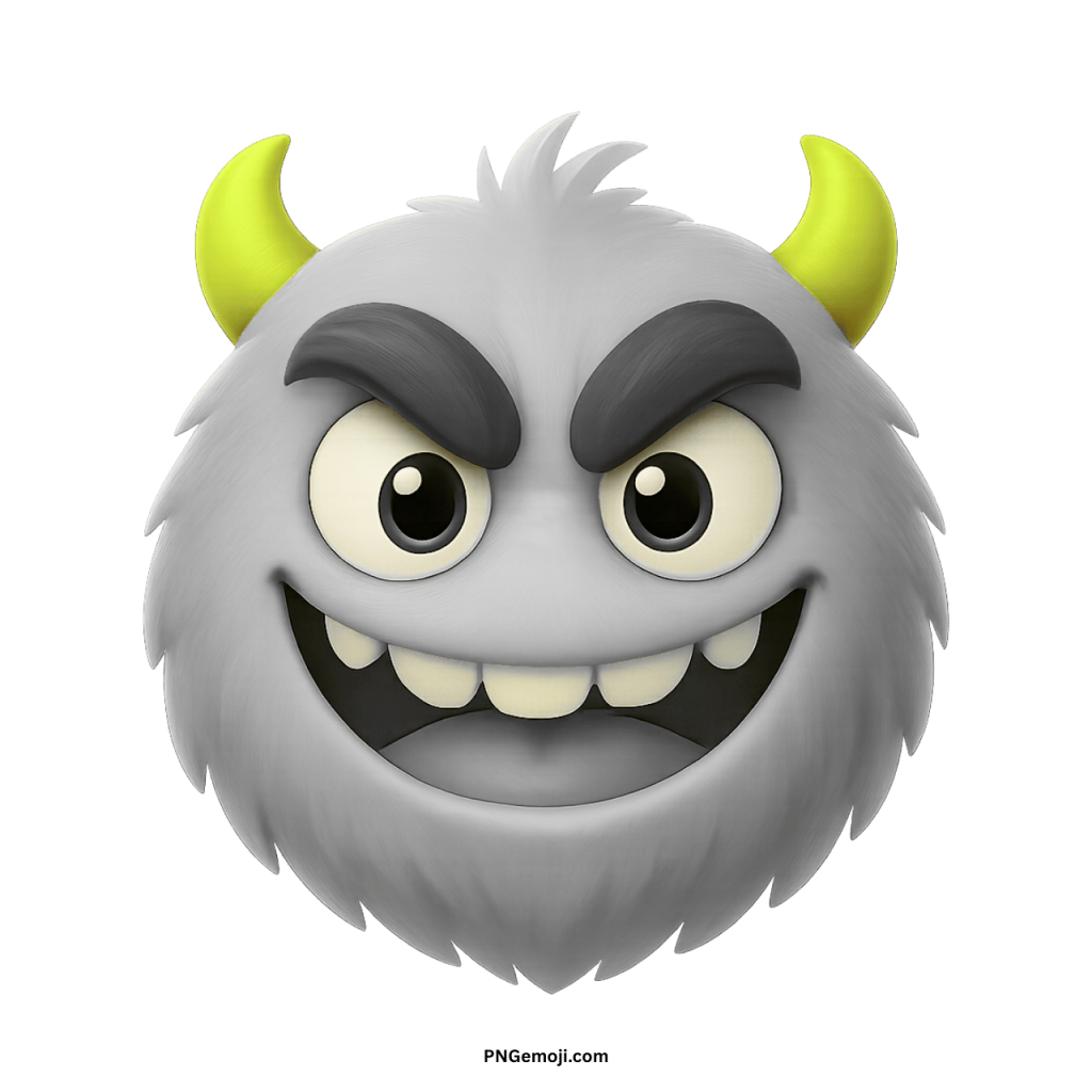 Light gray furry enemy monster emoji with yellow horns, dark eyebrows, and mischievous smile