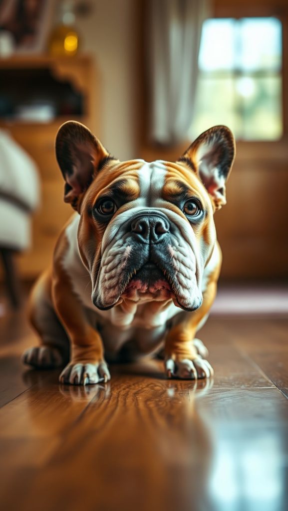 Adorable English Bulldog puppy sitting indoors on polished wooden floor for wallpaper