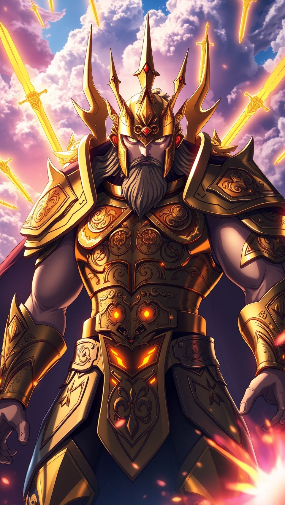 Gilgamesh Fate Zero anime wallpaper with golden armor and glowing swords in sky