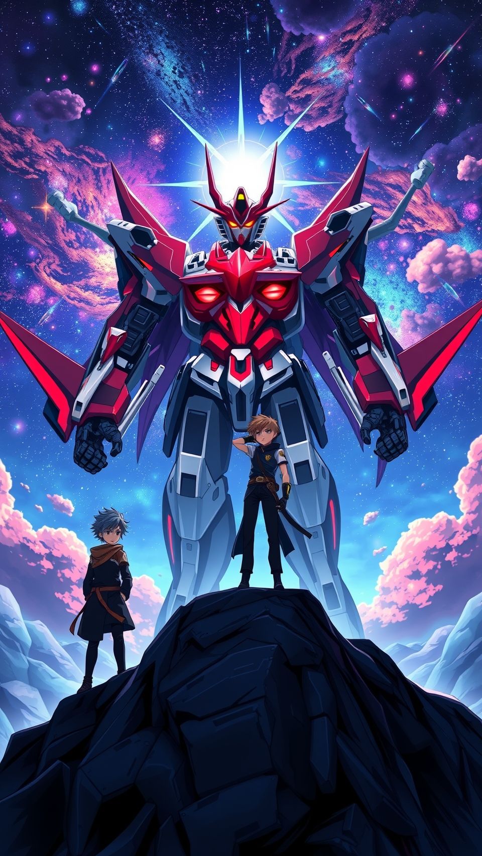 Epic Gurren Lagann anime wallpaper with Kamina, Simon, and giant mecha under cosmic sky