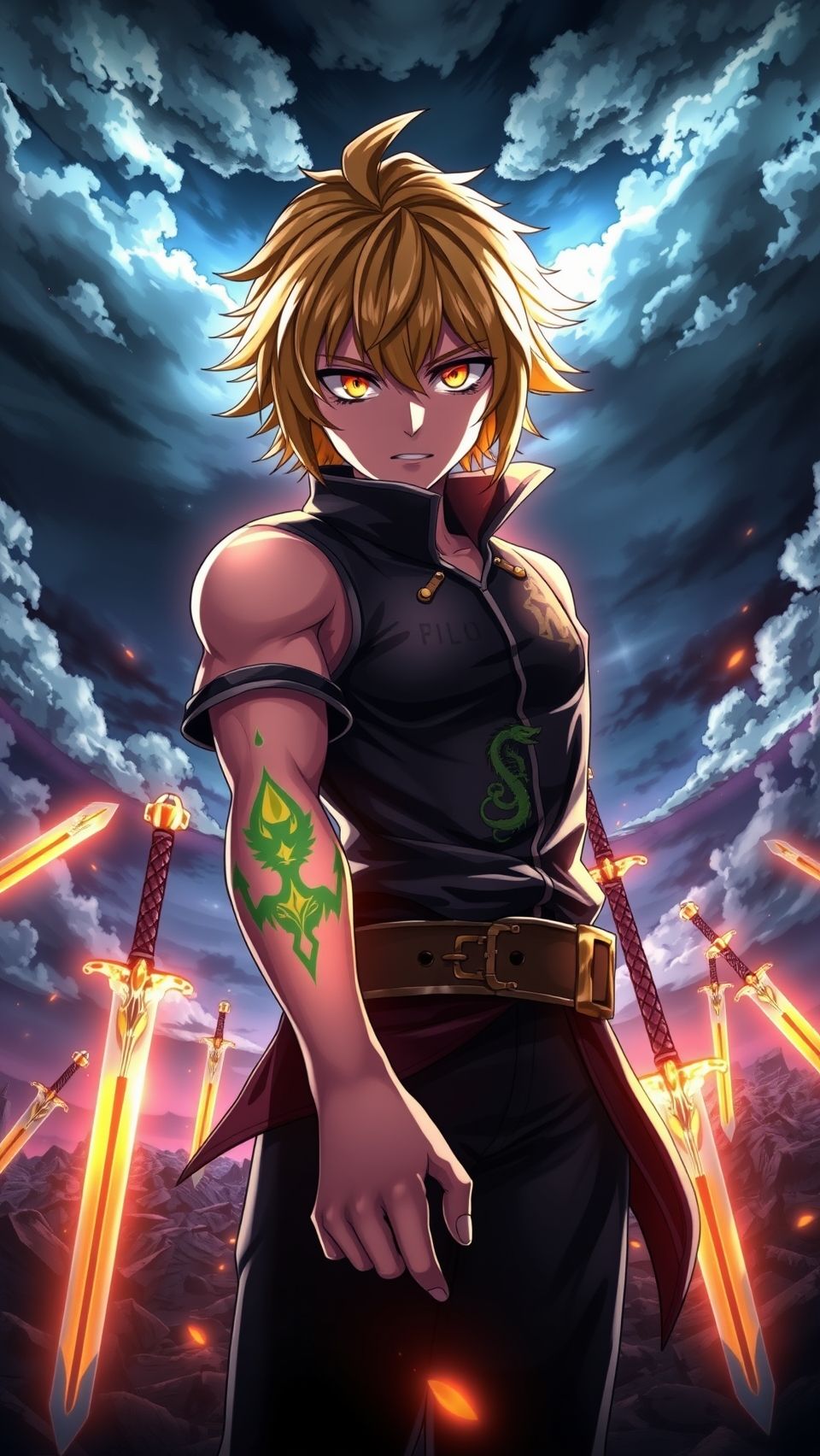Epic Meliodas anime wallpaper with glowing swords and dark fantasy sky background in ultra HD