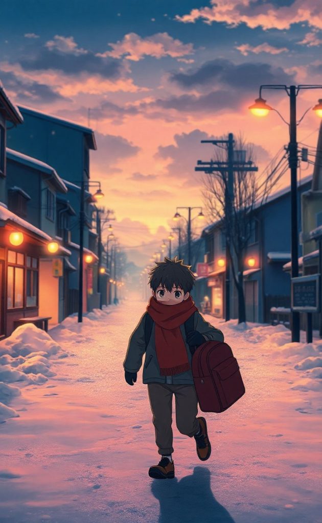 Erased anime winter street wallpaper with boy walking at sunset holding bag