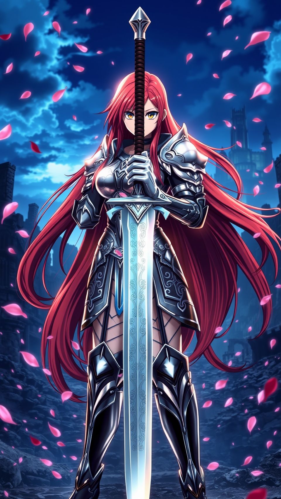Erza Scarlet Fairy Tail anime warrior knight holding sword with petals falling
