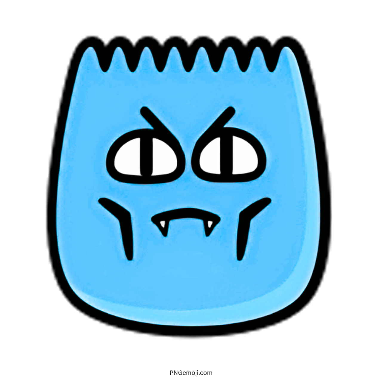 Evil TikTok emoji with blue face, sharp vampire teeth, and menacing expression in PNG format.