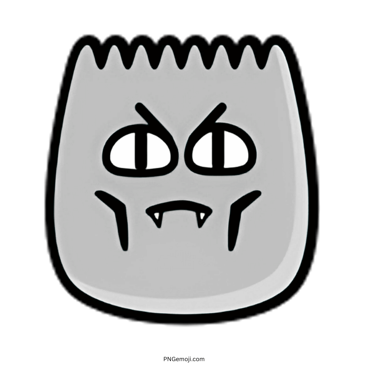Evil TikTok emoji with gray face, sharp vampire teeth, and menacing expression in PNG format.