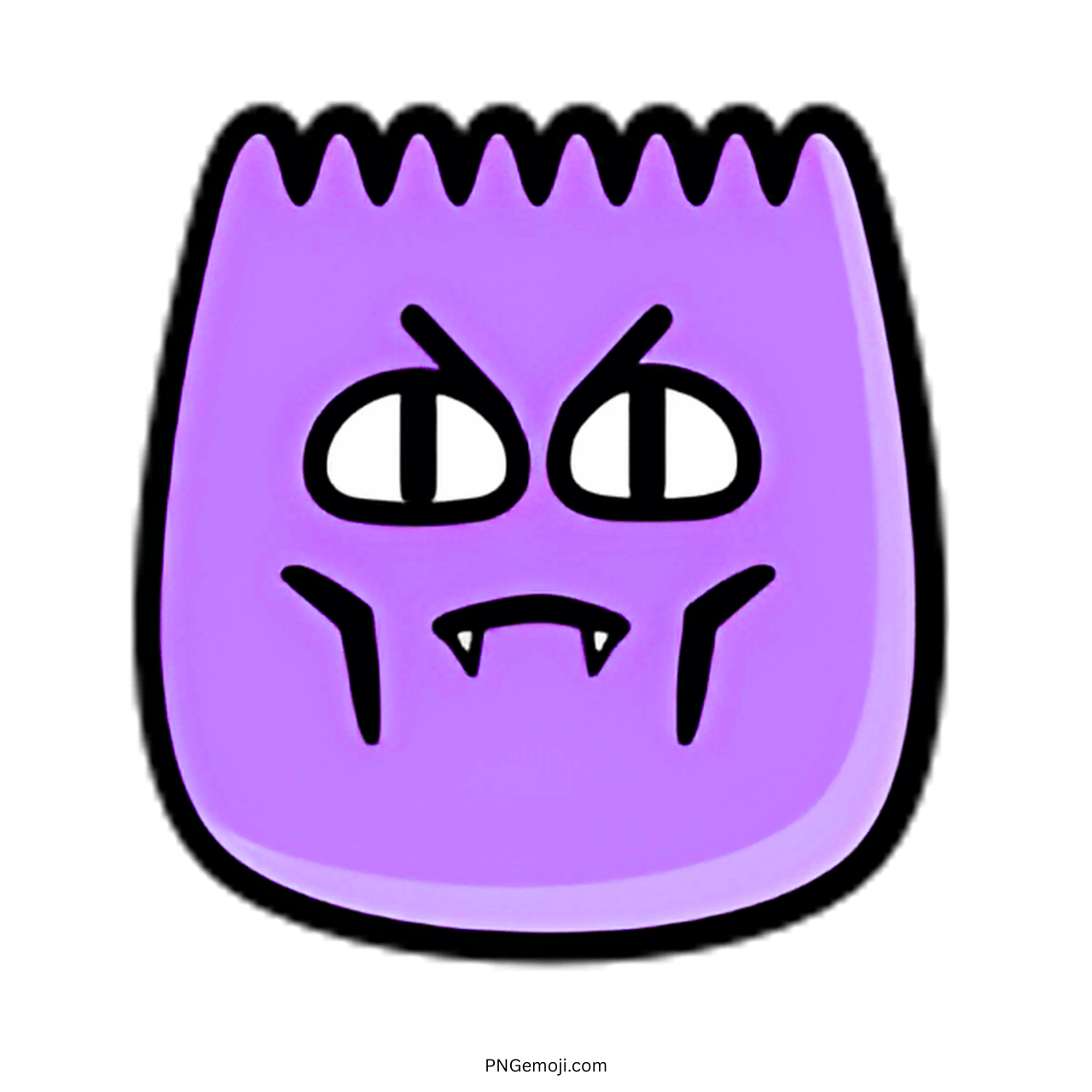 Evil TikTok emoji with purple face, sharp vampire teeth, and menacing expression in PNG format.