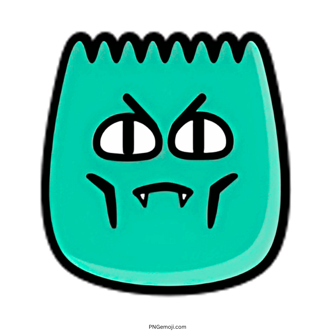Evil TikTok emoji with teal face, sharp vampire teeth, and menacing expression in PNG format