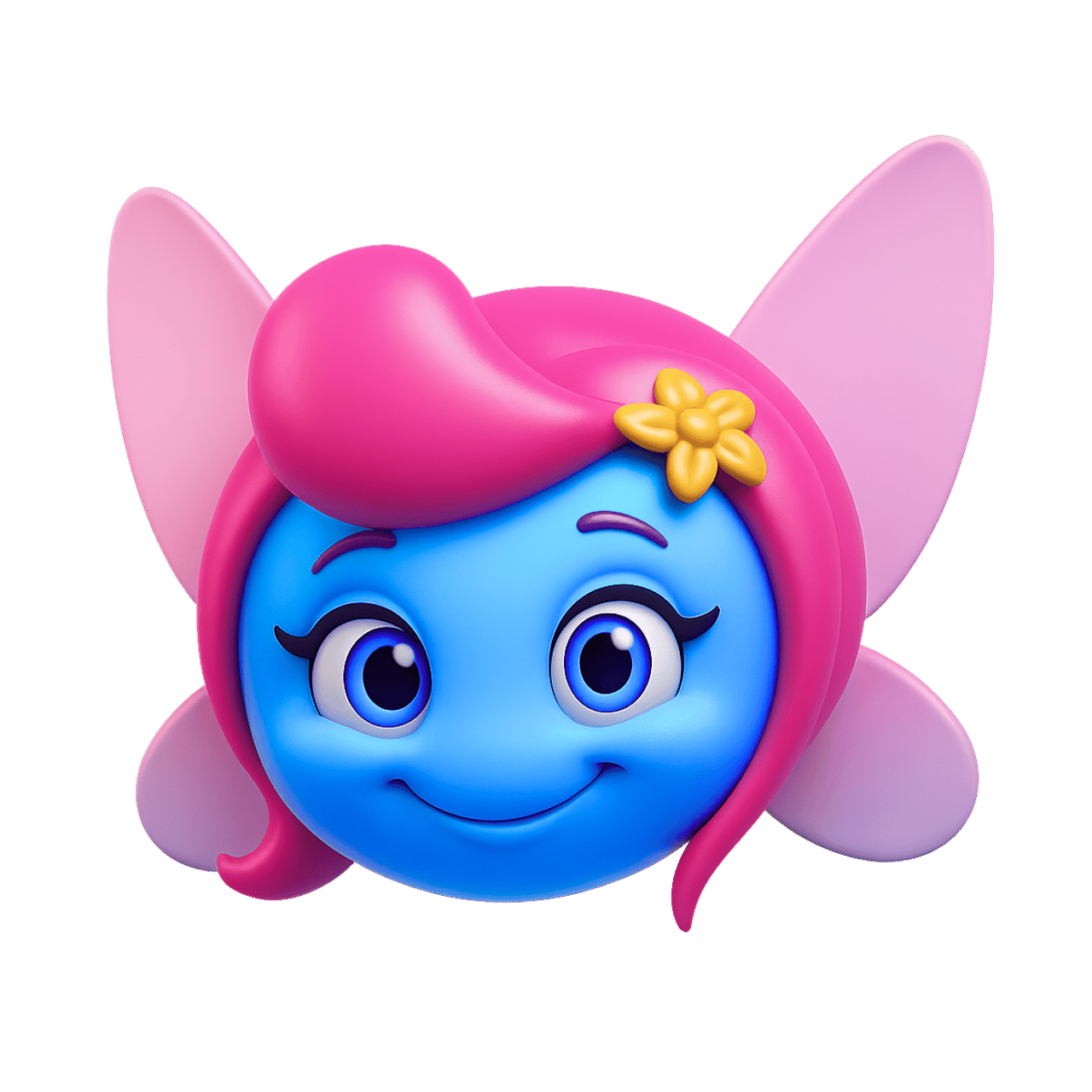 Fairy smiley emoji with blue face, pink hair, flower and magical wings