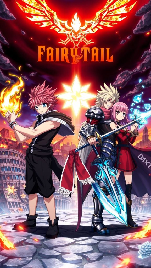 Fairy Tail anime wallpaper featuring Natsu Dragneel with magical battle flames and guild members