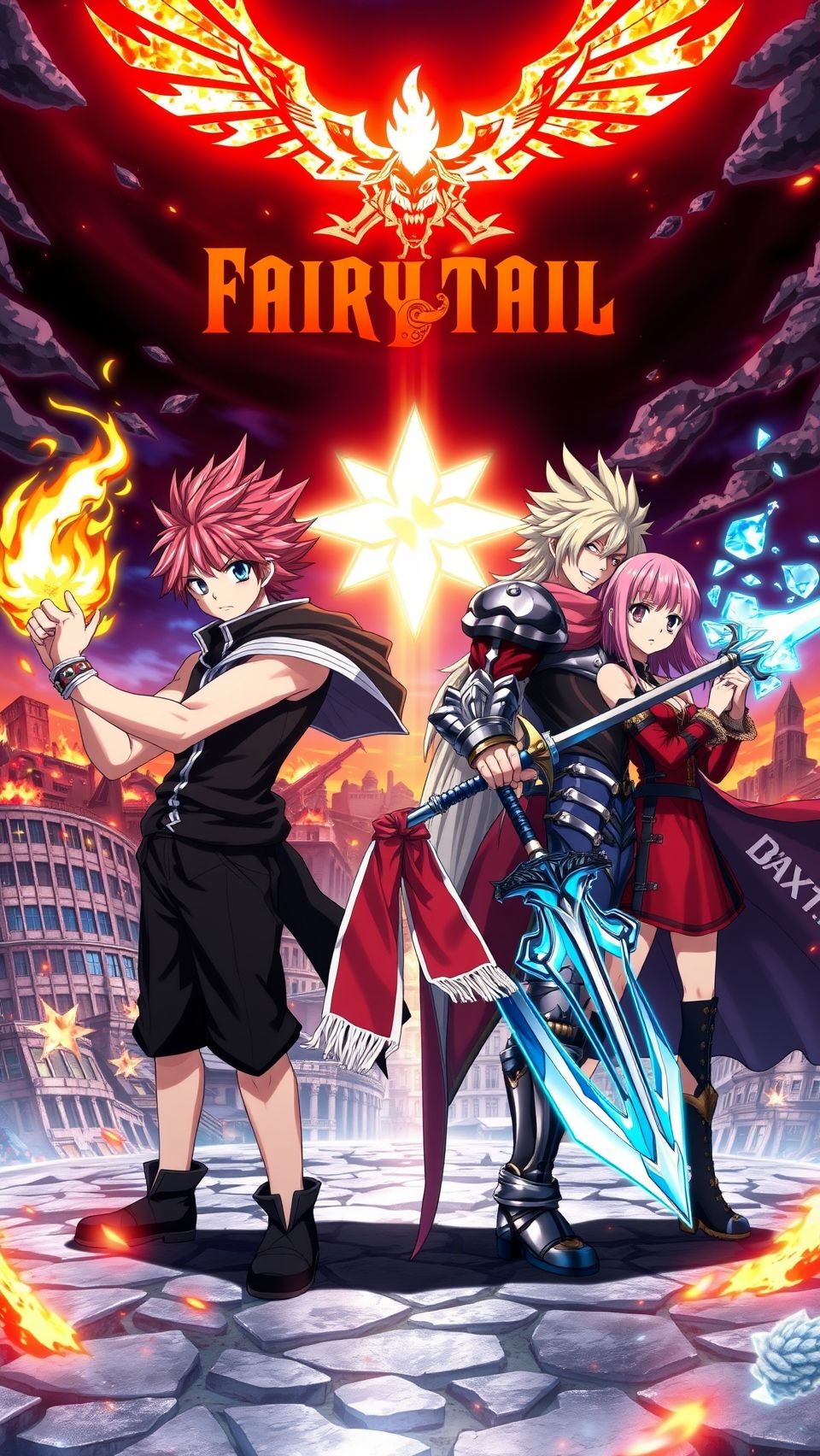 Fairy Tail anime wallpaper featuring Natsu Dragneel with magical battle flames and guild members